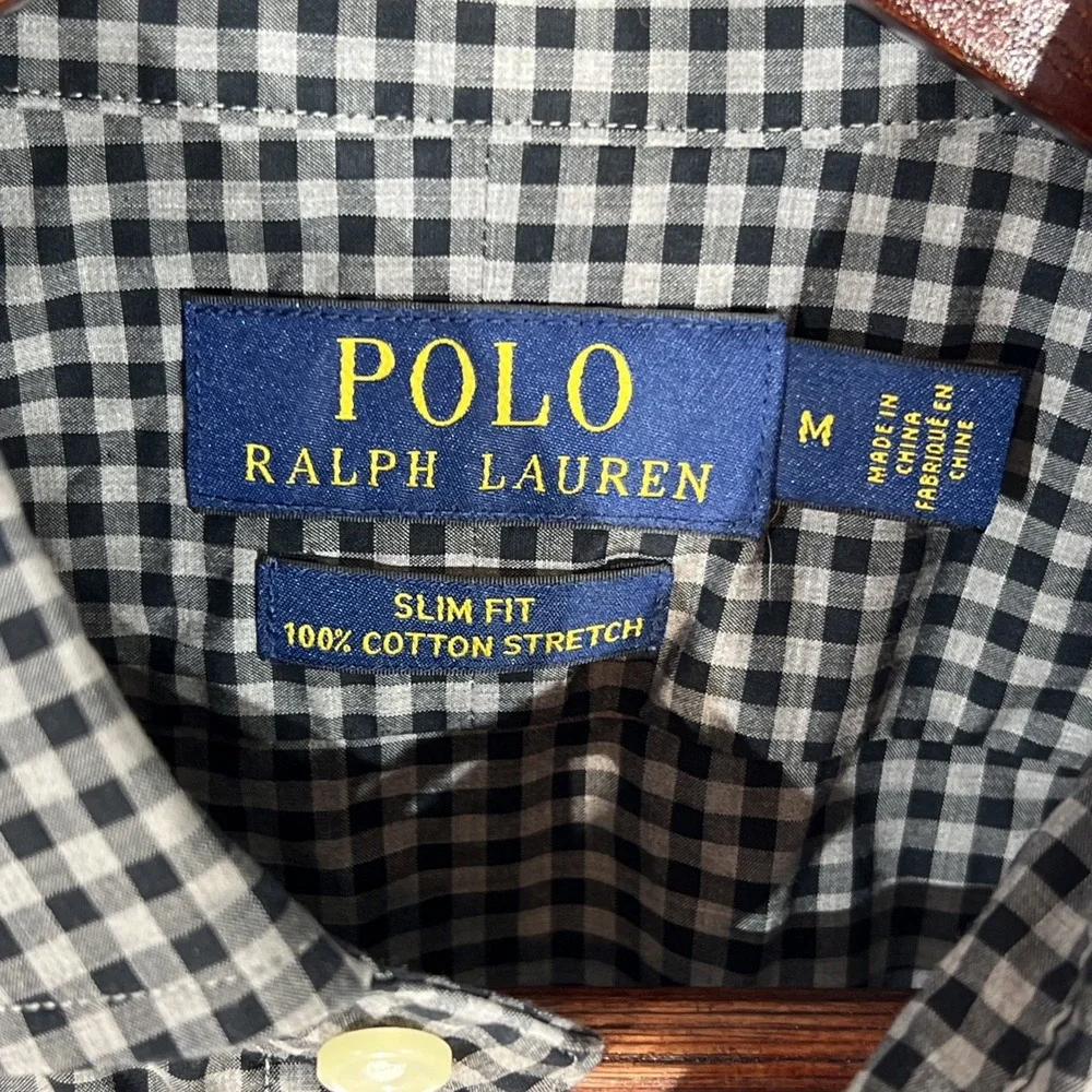 Polo Ralph Lauren Slim Fit Stretch Blk Gray Check Shirt Long Sleeve Men Size M